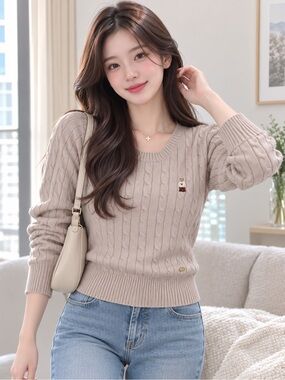 Classic Cable Knit Crewneck Sweater in Taupe